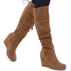 SOLD - Cognac Knee High Wedge Boots